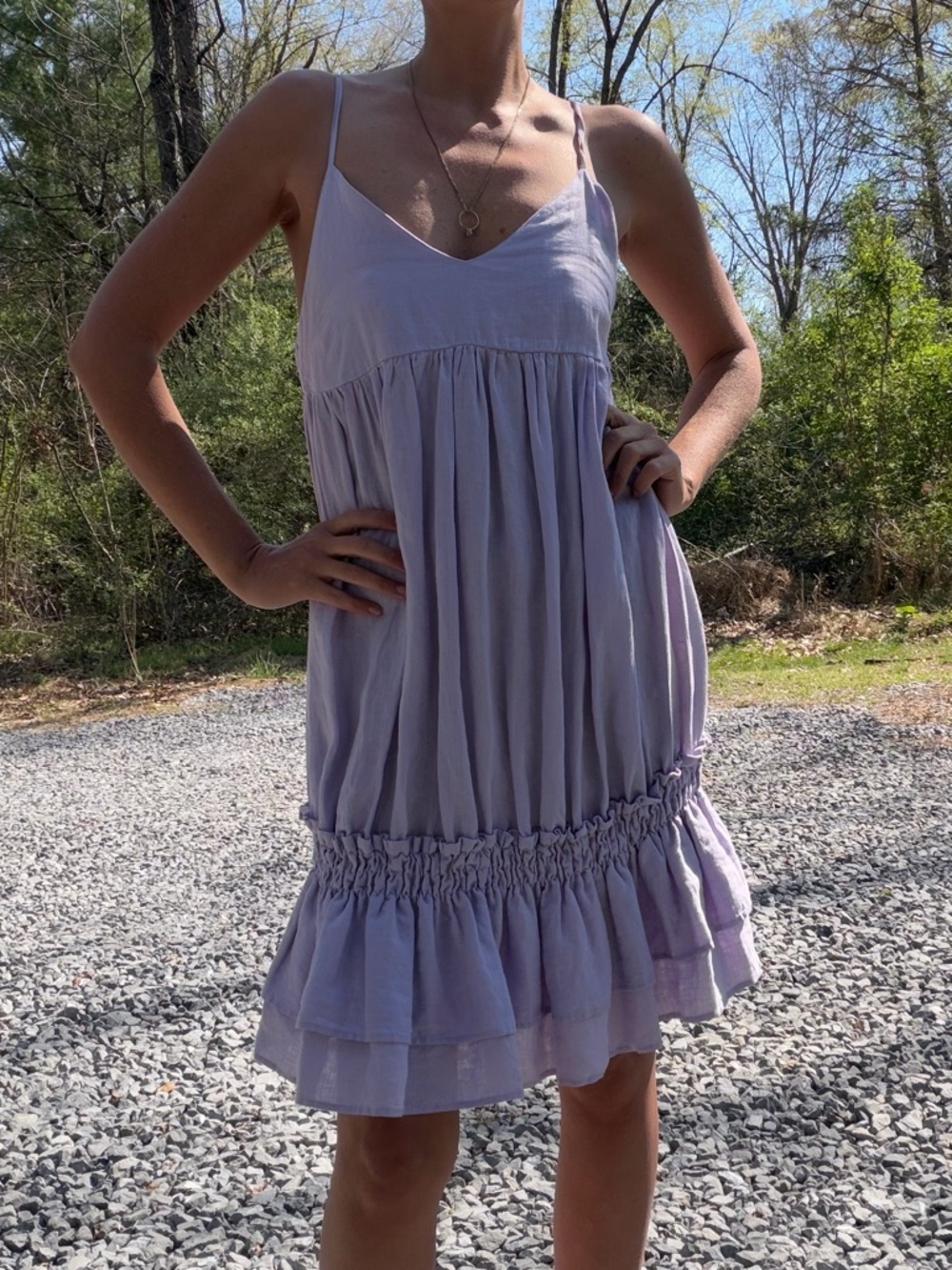 Touche' 100% Linen Spaghetti Strap Tiered Sundress in Lavender Purple Size Small